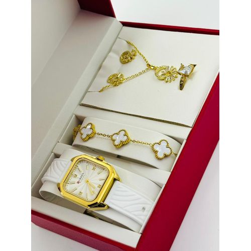 Coffret Bijoux Blanche Doré & Blanc – La montre carrée tendance et sa parure trèfle