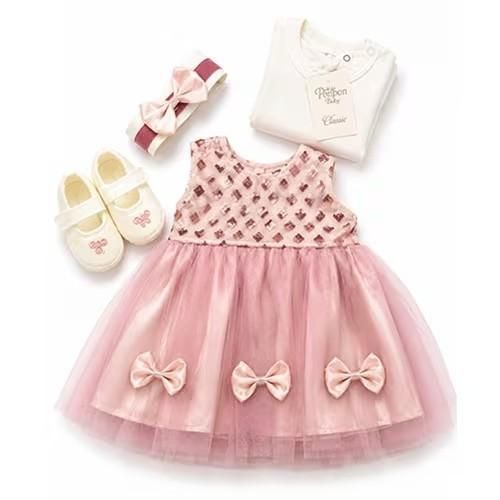 Coffret baptême fillette – Paillette (Robe, barboteuse, chaussures & barrette) - Rose