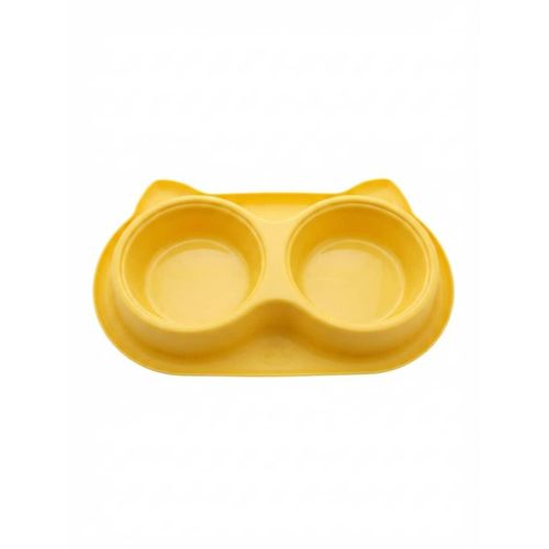 Double Gamelle pour Chat et Chien avec Support Forme Oreilles de Chat - Jaune