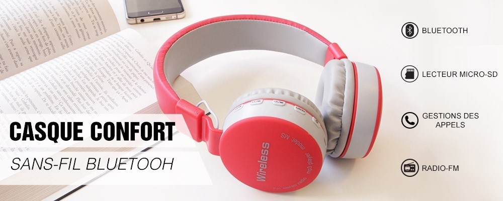 Casque audio Bluetooth fonctions Radio FM   MP3 - Rouge