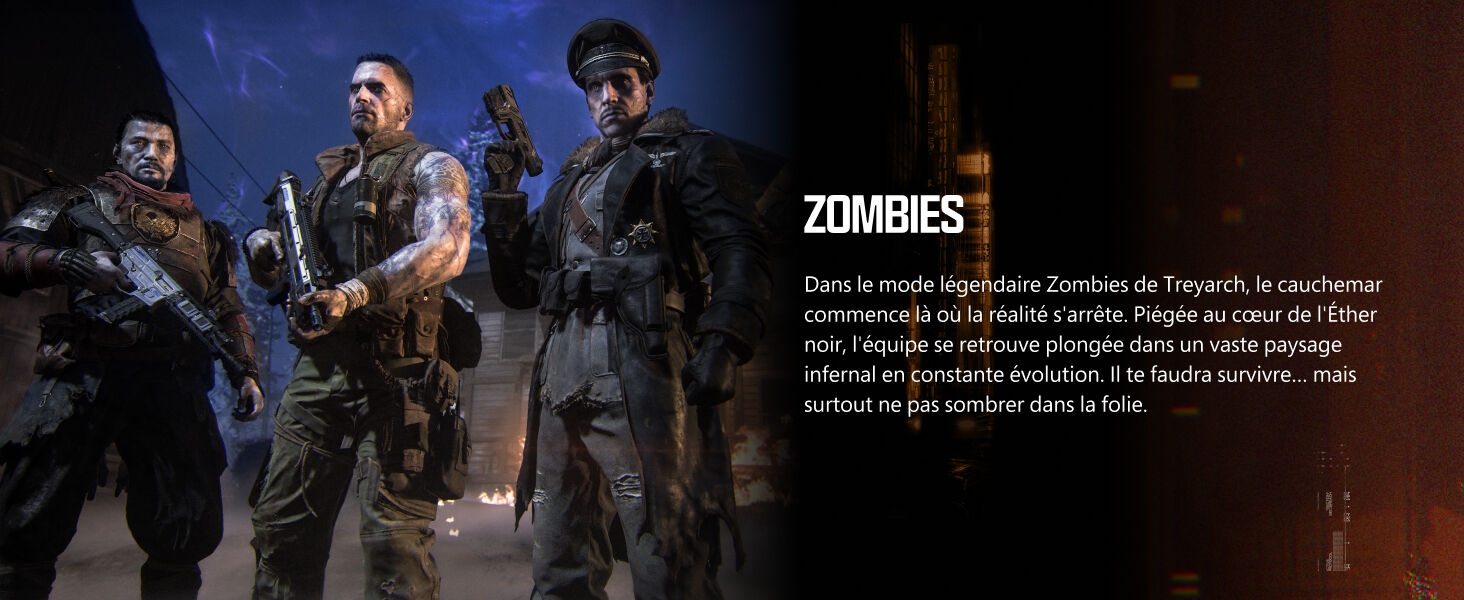 Le texte indique « ZOMBIES ». Image promotionnelle atmosphérique sombre montrant des silhouettes de personnages dans un éclairage spectaculaire.