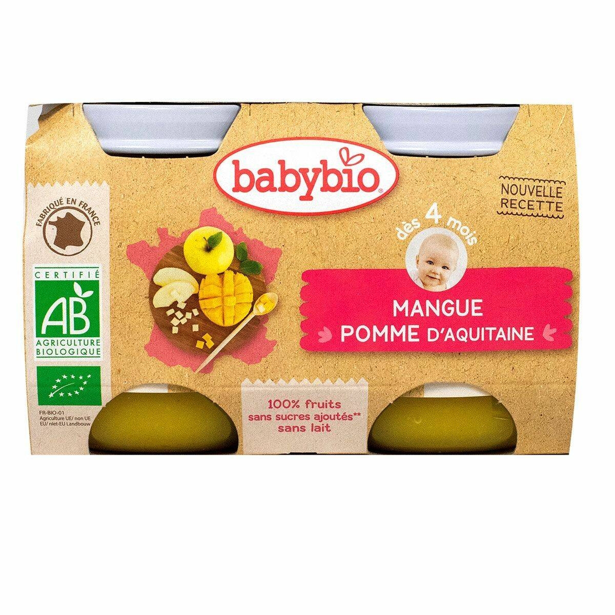 Le petit pot fruits mangue & pomme Babybio est destin&eacute; aux b&eacute;b&eacute;s &agrave; partir de 4 mois.