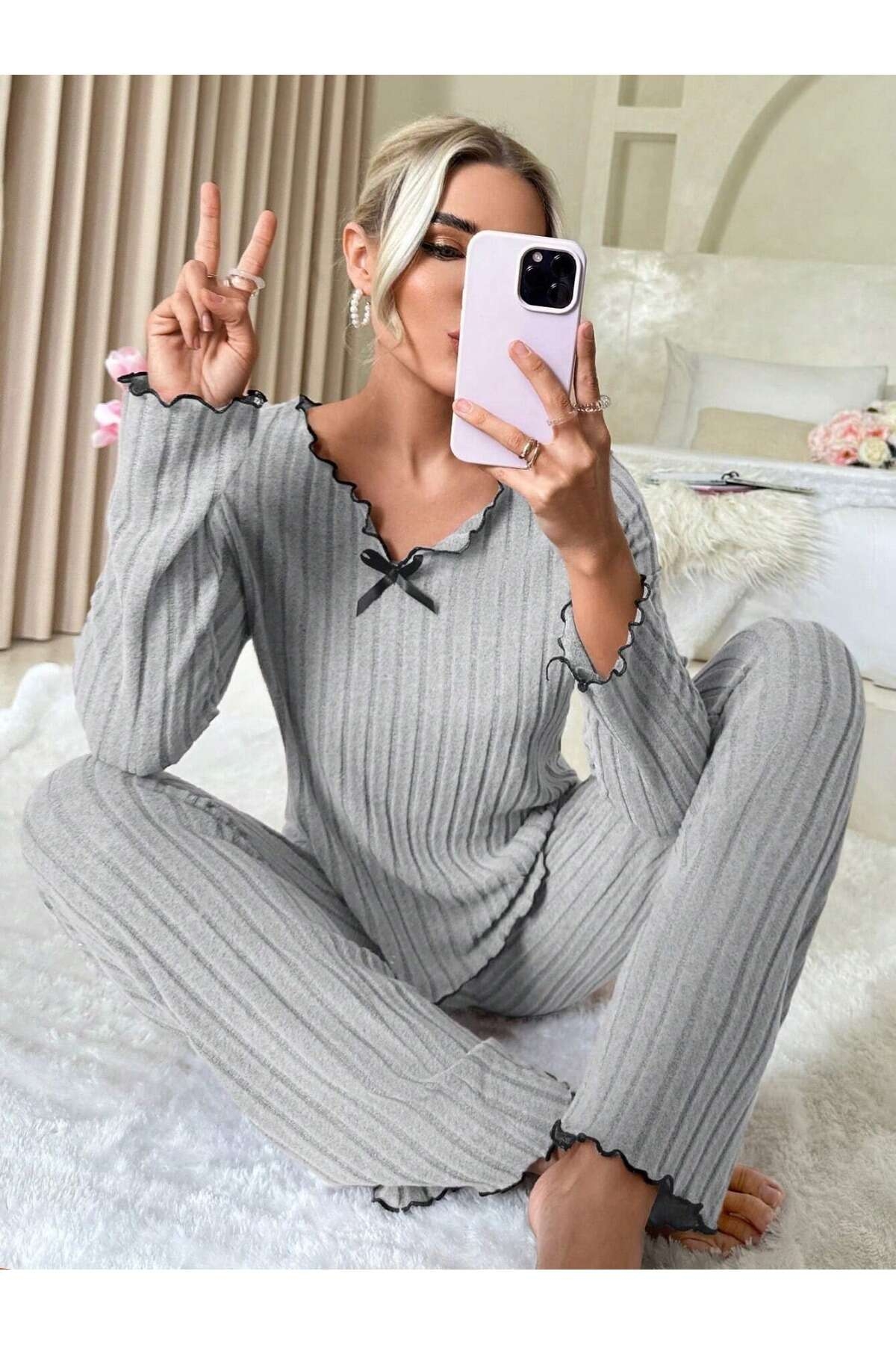 Bella Notte Ensemble de pyjama Femme en coton avec détail de nœud - Gris