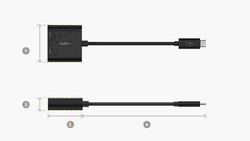 Schéma des dimensions de l’adaptateur USB-C vers HDMI + recharge de Belkin