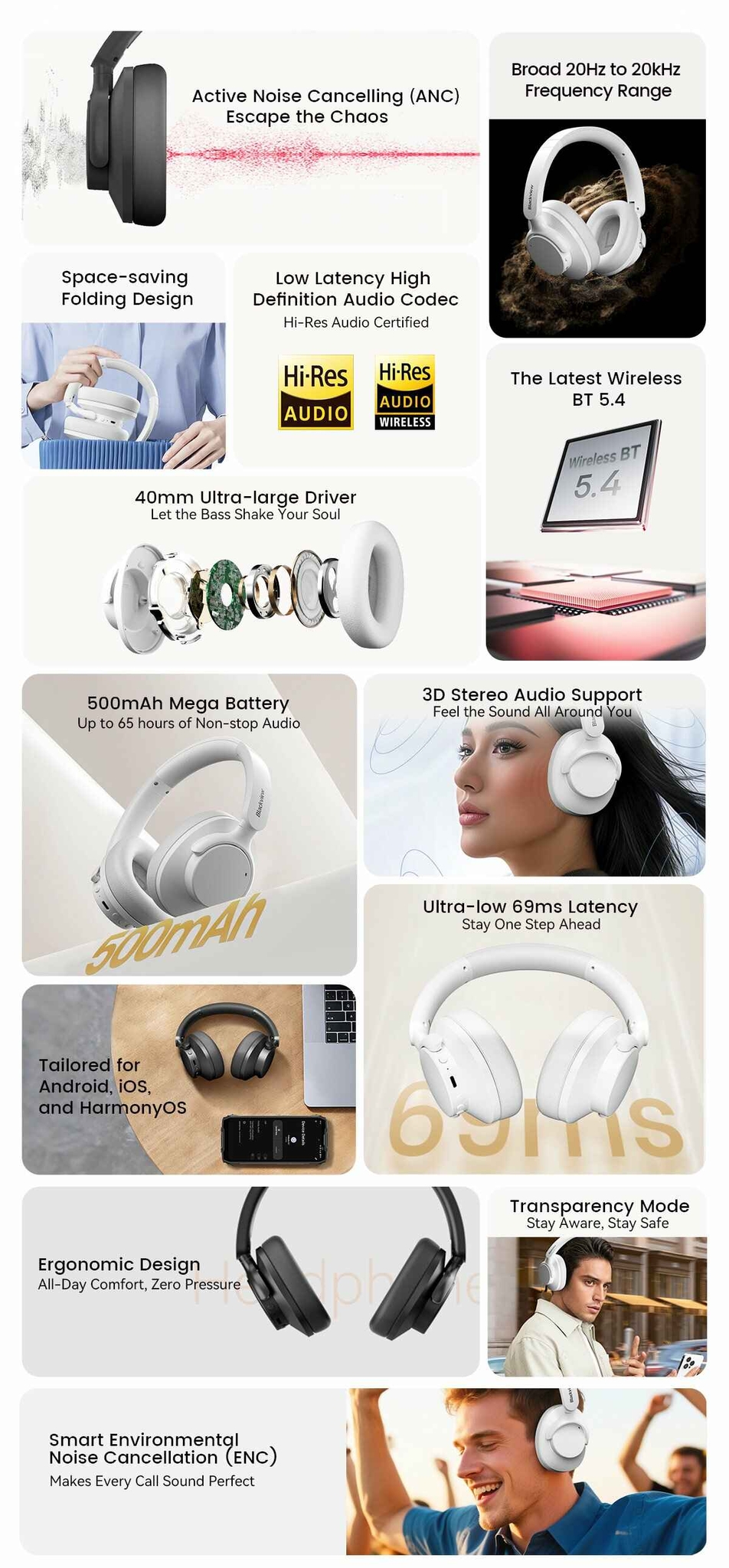 Casque à réduction de bruit active hybride Blackview Fitbuds H1