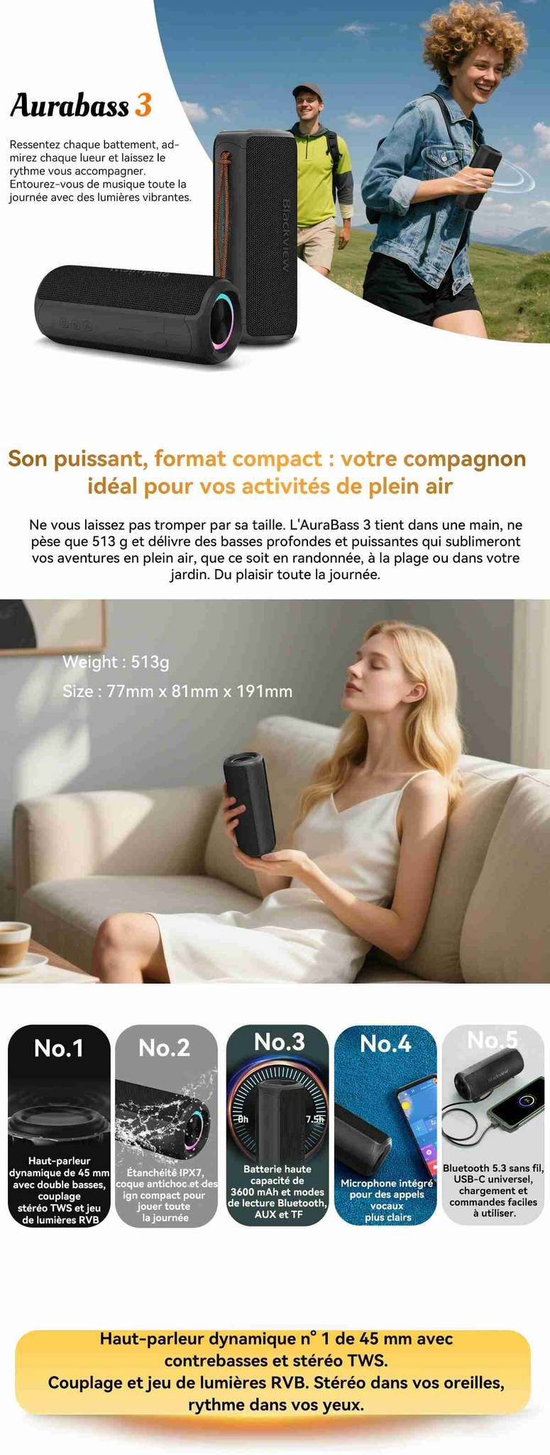 Enceinte stéréo Bluetooth portable d'extérieur Blackview AuraBass 3