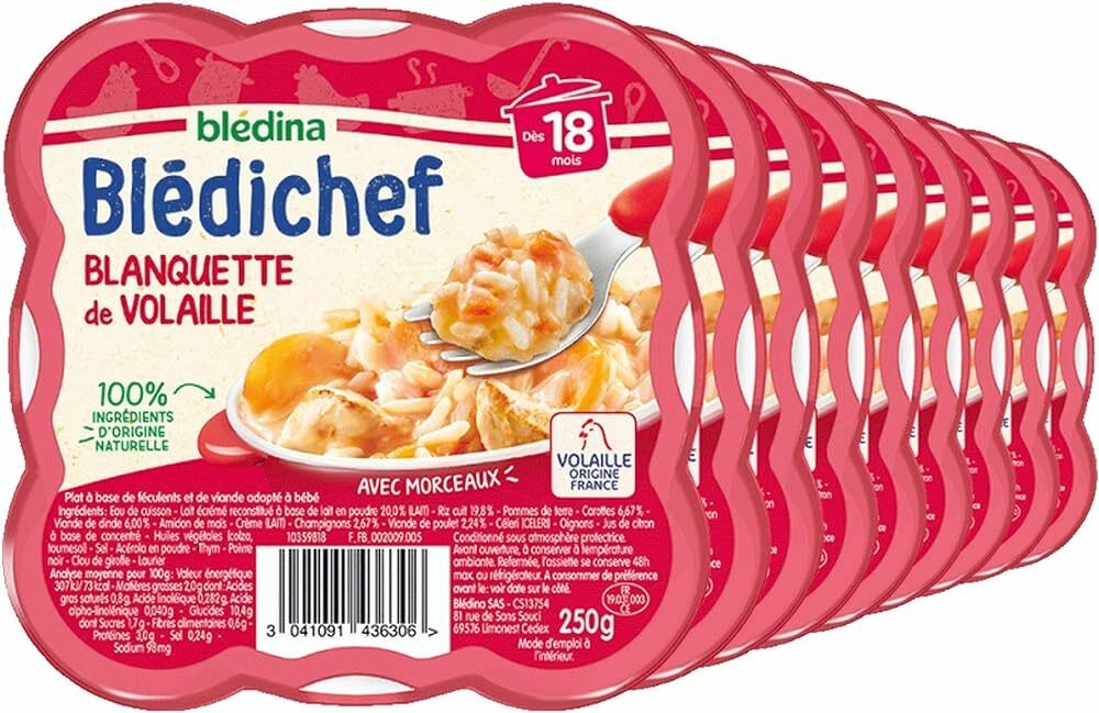 Bl&eacute;dina - Bl&eacute;dichef - Repas B&eacute;b&eacute; 18 Mois - 9 Plats Blanquette de Volaille -  Petits Morceaux - 100% Ingr&eacute;dients d'Origine Naturelle - D&egrave;s 18 Mois - 9  Assiettes 250g : Amazon.fr: Epicerie