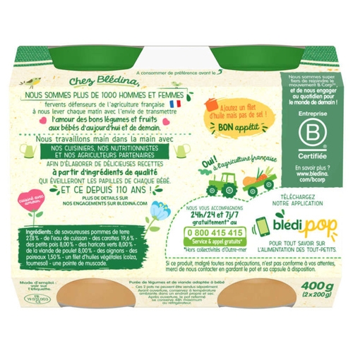 Bl&eacute;dina Pots Jardini&egrave;re de l&eacute;gumes Poulet d&egrave;s 8 mois 2x200g