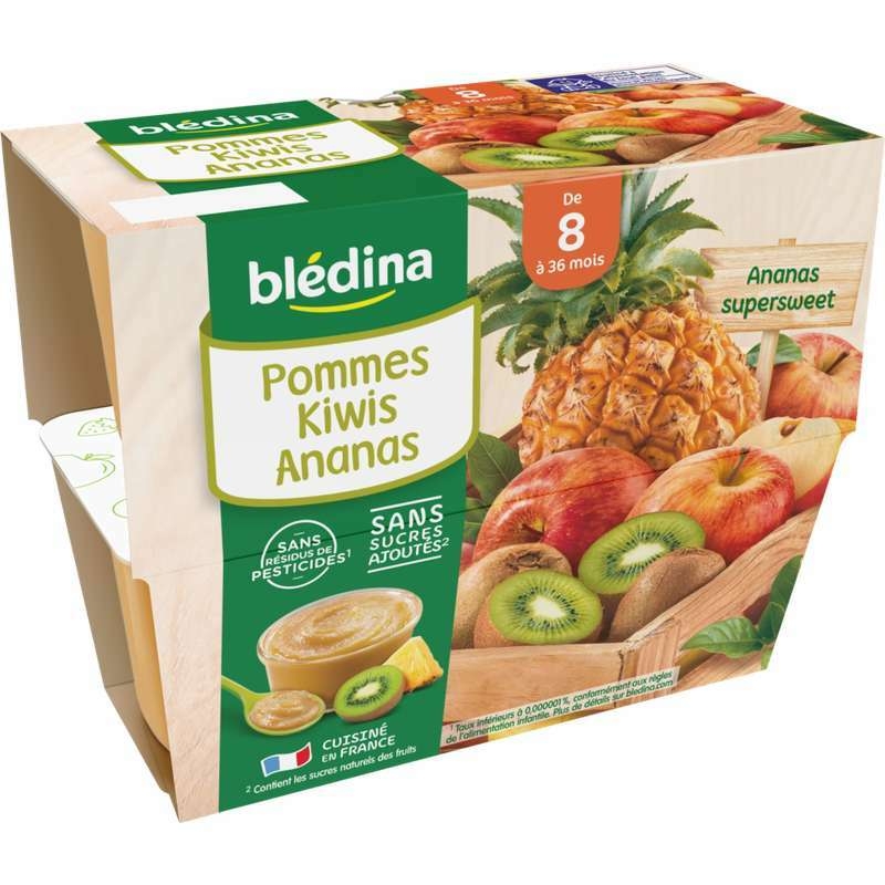 Coupelles 100% fruits pommes, kiwis, ananas - d&egrave;s 8 mois, Bl&eacute;dina (4 x 100 g)  | La Belle Vie : Courses en Ligne - Livraison &agrave; Domicile