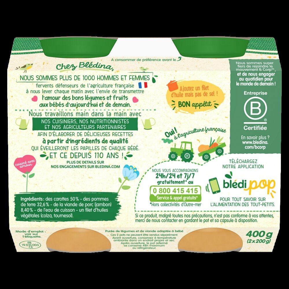 Petits pots Bl&eacute;dina - Pur&eacute;e Carottes Jambon - Lot x 4