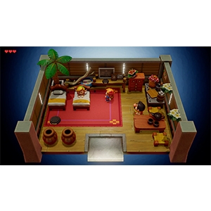 Vue du haut vers le bas de l'aménagement miniature de la pièce ou d'un diorama présentant un sol rouge et divers meubles disposés dans un décor de pièce.