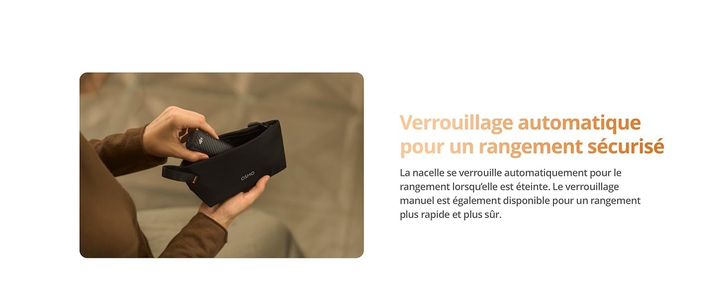 Le texte indique « Verrouillage automatique » et « d'un rangement sécurisé ». Gros plan de la main qui place l'article dans un portefeuille noir ou un porte-cartes avec dispositif de sécurité.