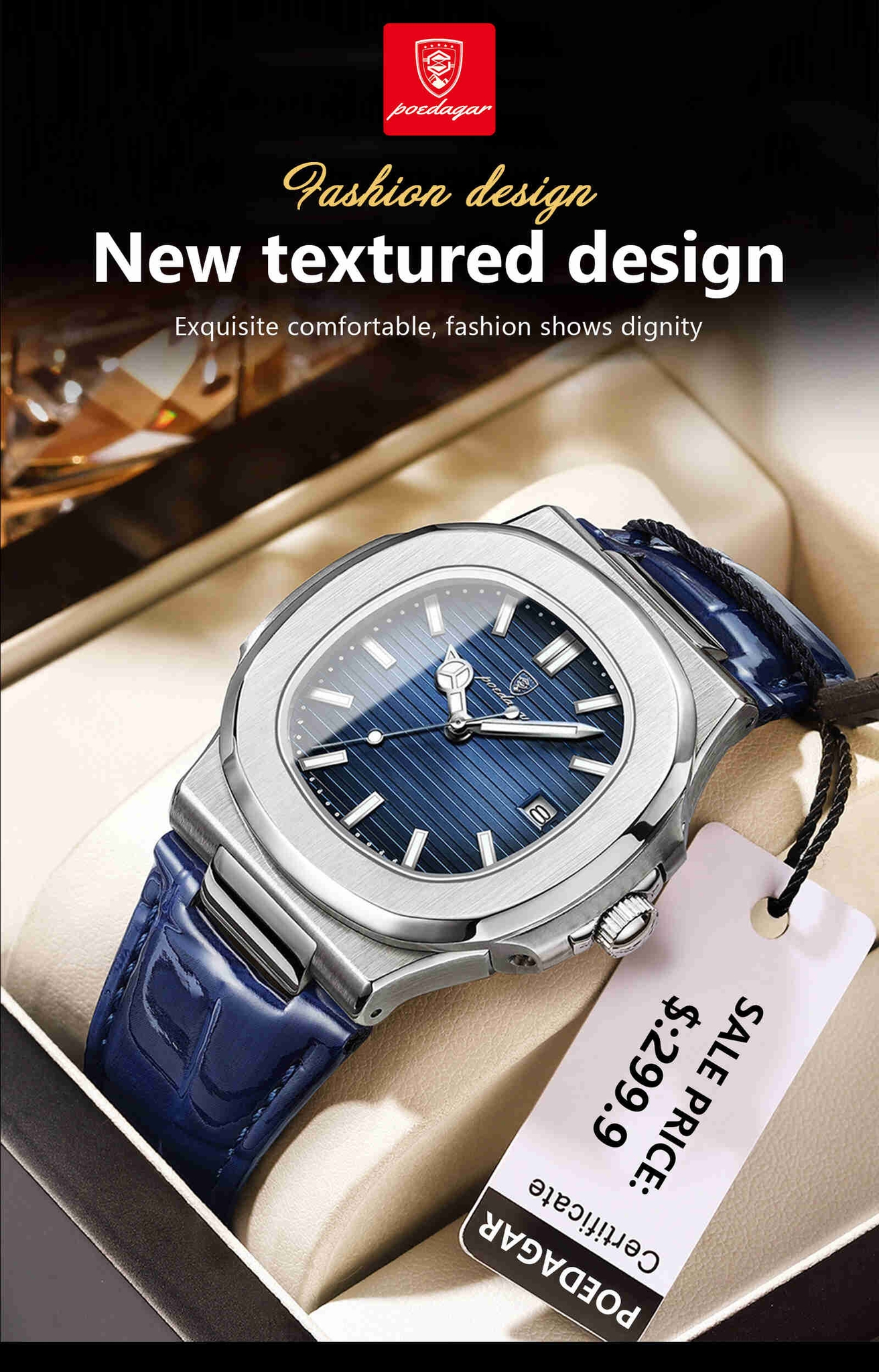 Montre POEDAGAR 613 Luxe Décontractée, Marque Haut de Gamme, Cadran Carré, Bracelet en Cuir Véritable, Calendrier, Lumineuse, Étanche, Montre Homme