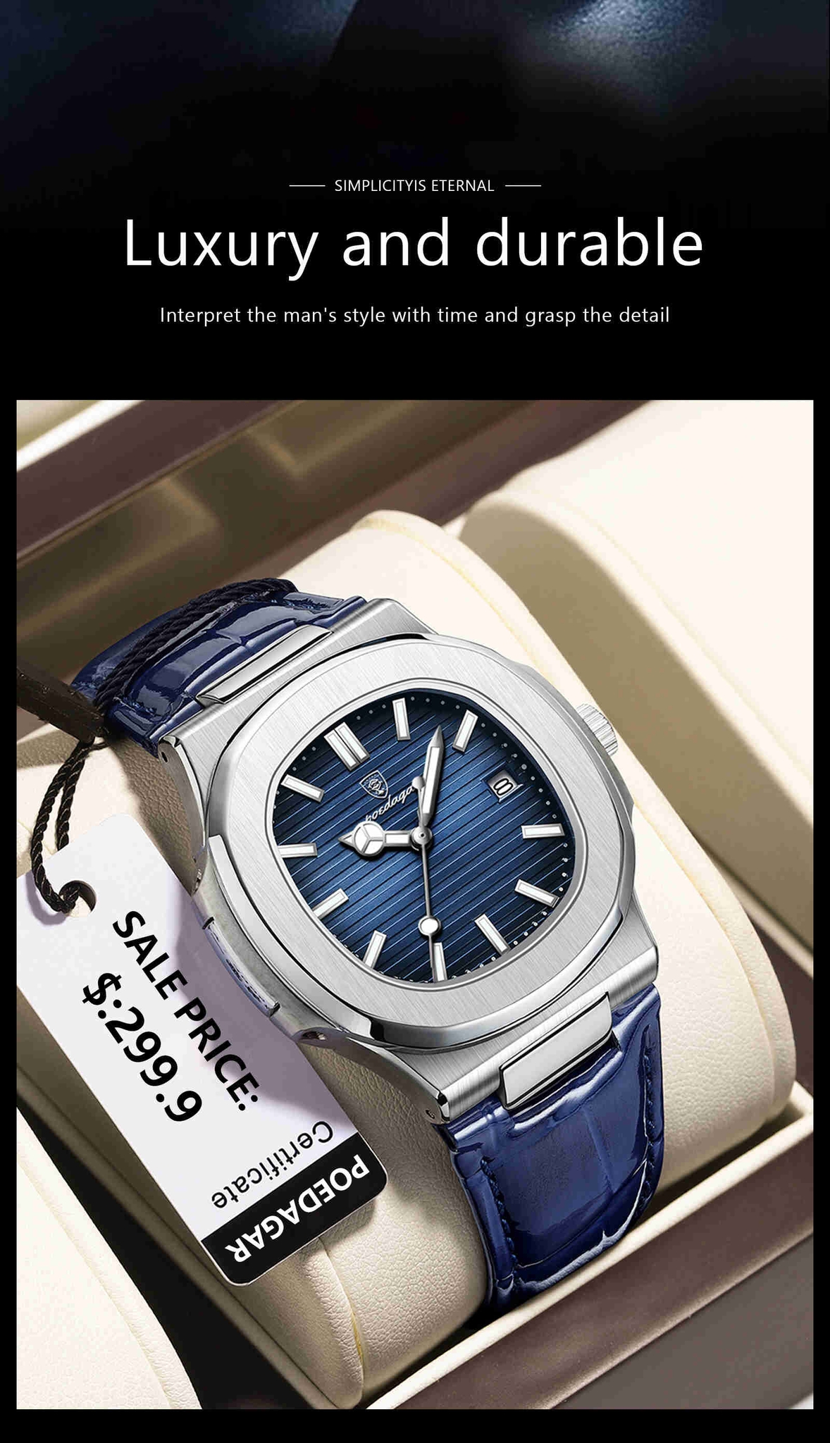 Montre POEDAGAR 613 Luxe Décontractée, Marque Haut de Gamme, Cadran Carré, Bracelet en Cuir Véritable, Calendrier, Lumineuse, Étanche, Montre Homme