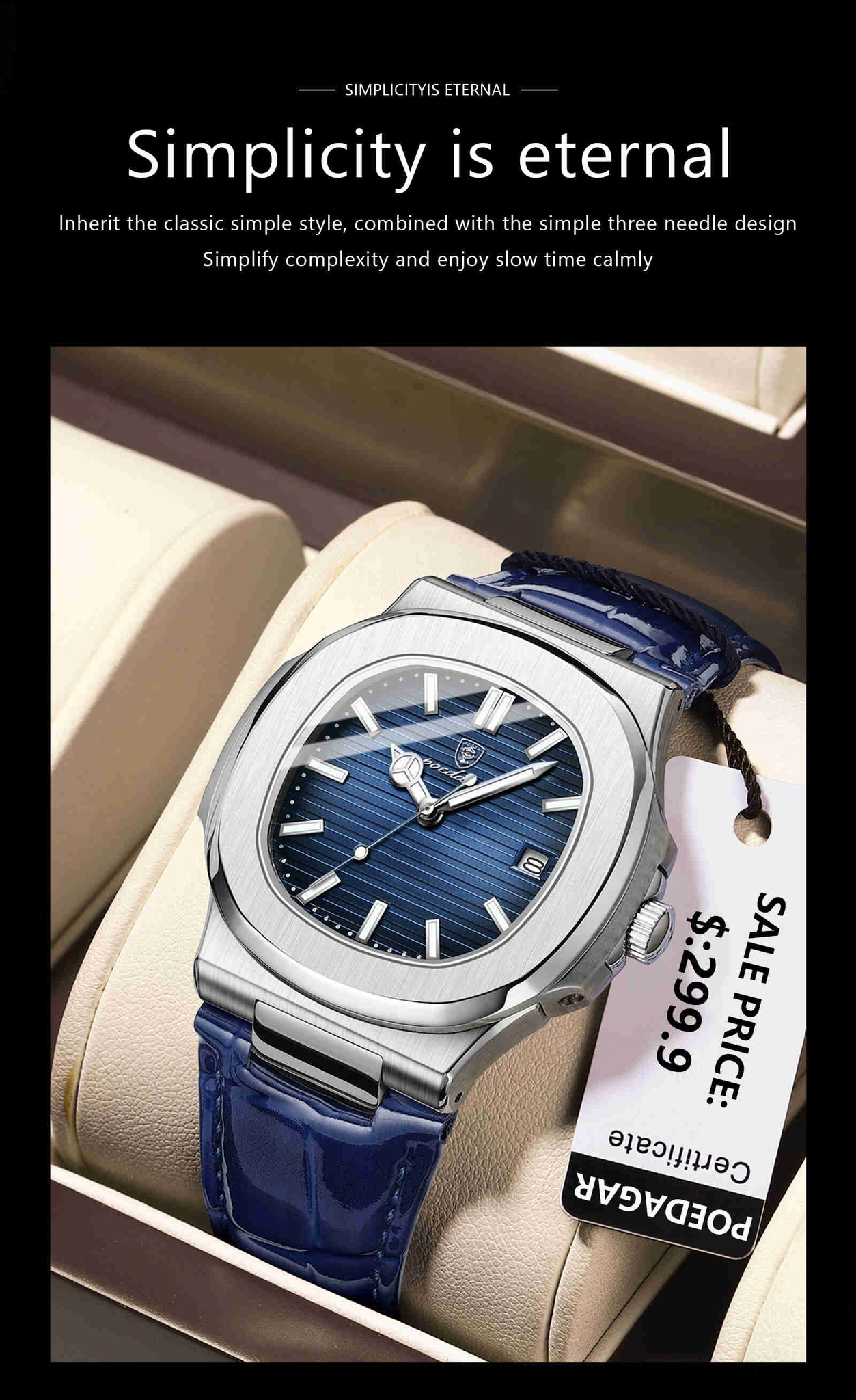 Montre POEDAGAR 613 Luxe Décontractée, Marque Haut de Gamme, Cadran Carré, Bracelet en Cuir Véritable, Calendrier, Lumineuse, Étanche, Montre Homme