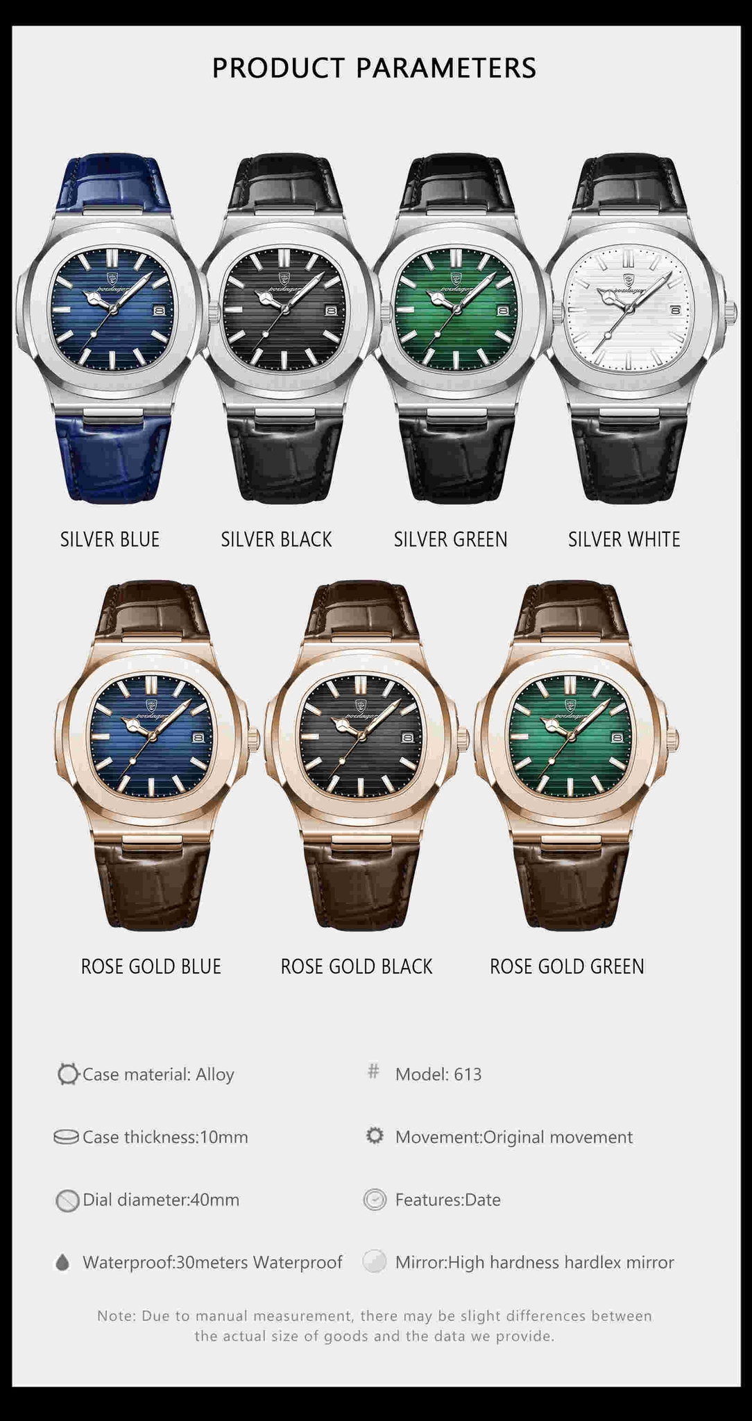 Montre POEDAGAR 613 Luxe Décontractée, Marque Haut de Gamme, Cadran Carré, Bracelet en Cuir Véritable, Calendrier, Lumineuse, Étanche, Montre Homme