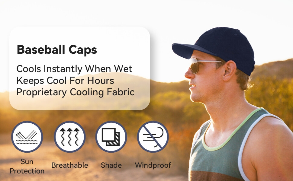un homme portant une casquette et des lunettes de soleil avec le texte « constant when wet pool for hours » sur le côté.