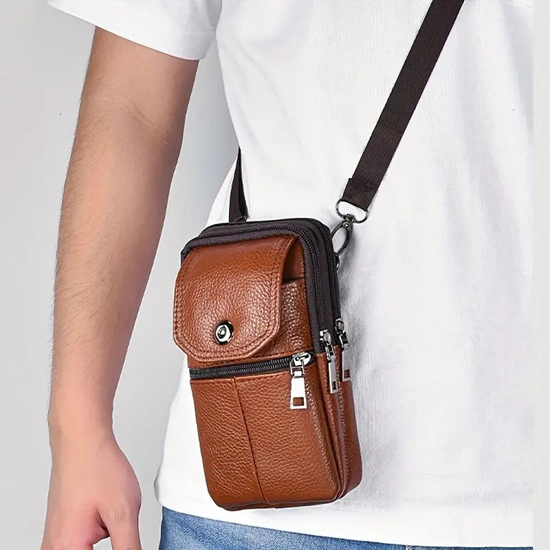 genuine leather cowhide mens waist bag multi functional zippered phone pouch with adjustable strap and   compartments for work daily use   top layer leather belt bag Product details 6
