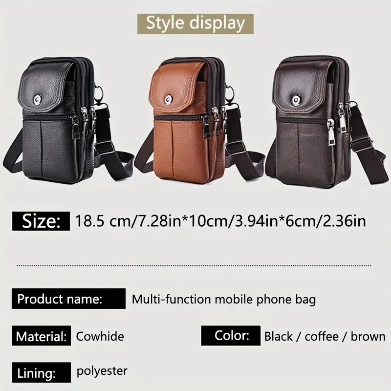 genuine leather cowhide mens waist bag multi functional zippered phone pouch with adjustable strap and   compartments for work daily use   top layer leather belt bag Product details 0