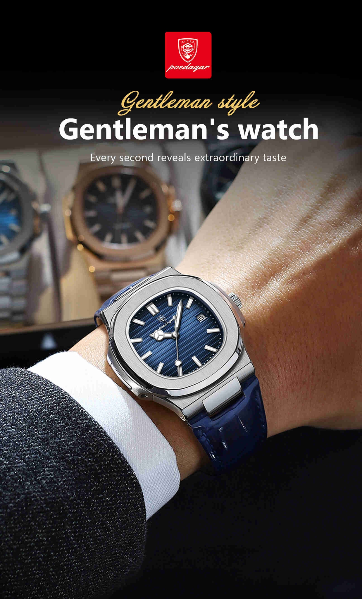 Montre POEDAGAR 613 Luxe Décontractée, Marque Haut de Gamme, Cadran Carré, Bracelet en Cuir Véritable, Calendrier, Lumineuse, Étanche, Montre Homme