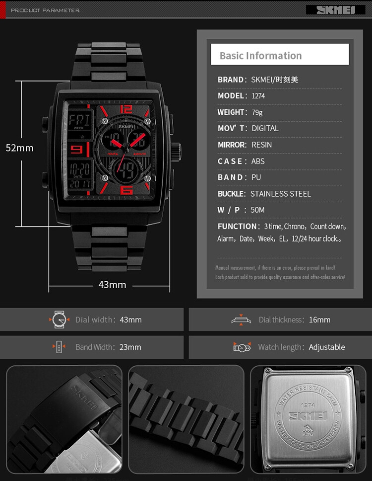 SKMEI Watches Men 1274 Fashion Count Chronograph Alarm Sport Watch Watwrproof Relogio Masculino EL Light Digital Wristwatches
