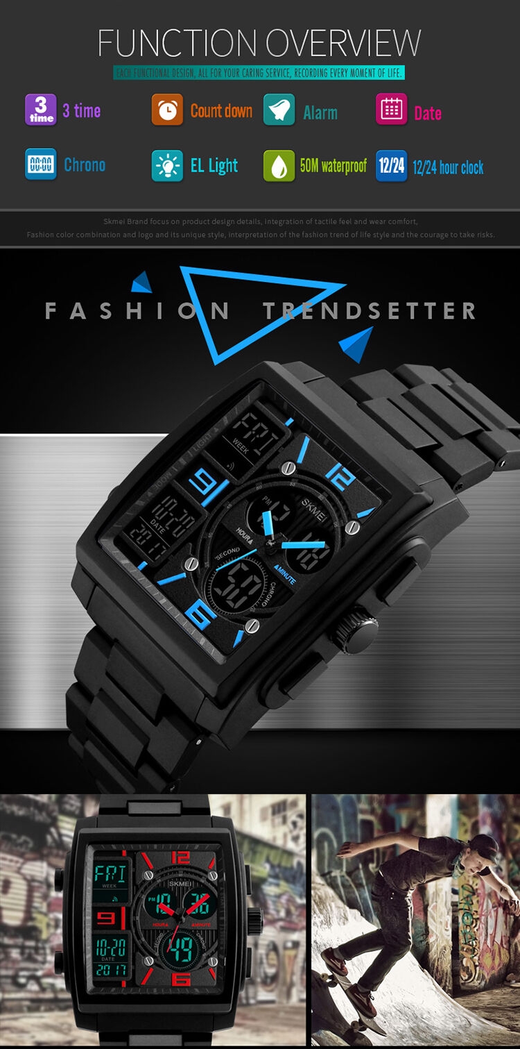 SKMEI Watches Men 1274 Fashion Count Chronograph Alarm Sport Watch Watwrproof Relogio Masculino EL Light Digital Wristwatches