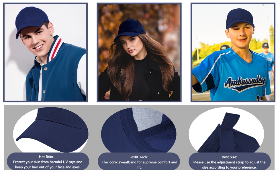 Affichage de la casquette de baseball montrant trois personnes portant des casquettes et trois vues rapprochées des caractéristiques de la casquette : couronne, courbe du bord et ajusteur de taille.