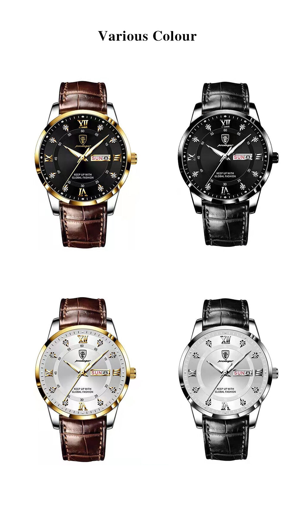 Montre Poedagar 836 pour homme, style quartz, bracelet en cuir, élégante et décontractée, étanche, lumineuse avec date.