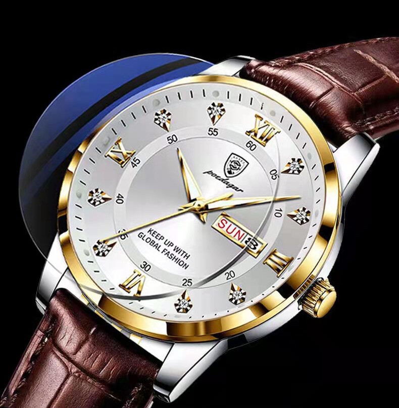 Montre Poedagar 836 pour homme, style quartz, bracelet en cuir, élégante et décontractée, étanche, lumineuse avec date.