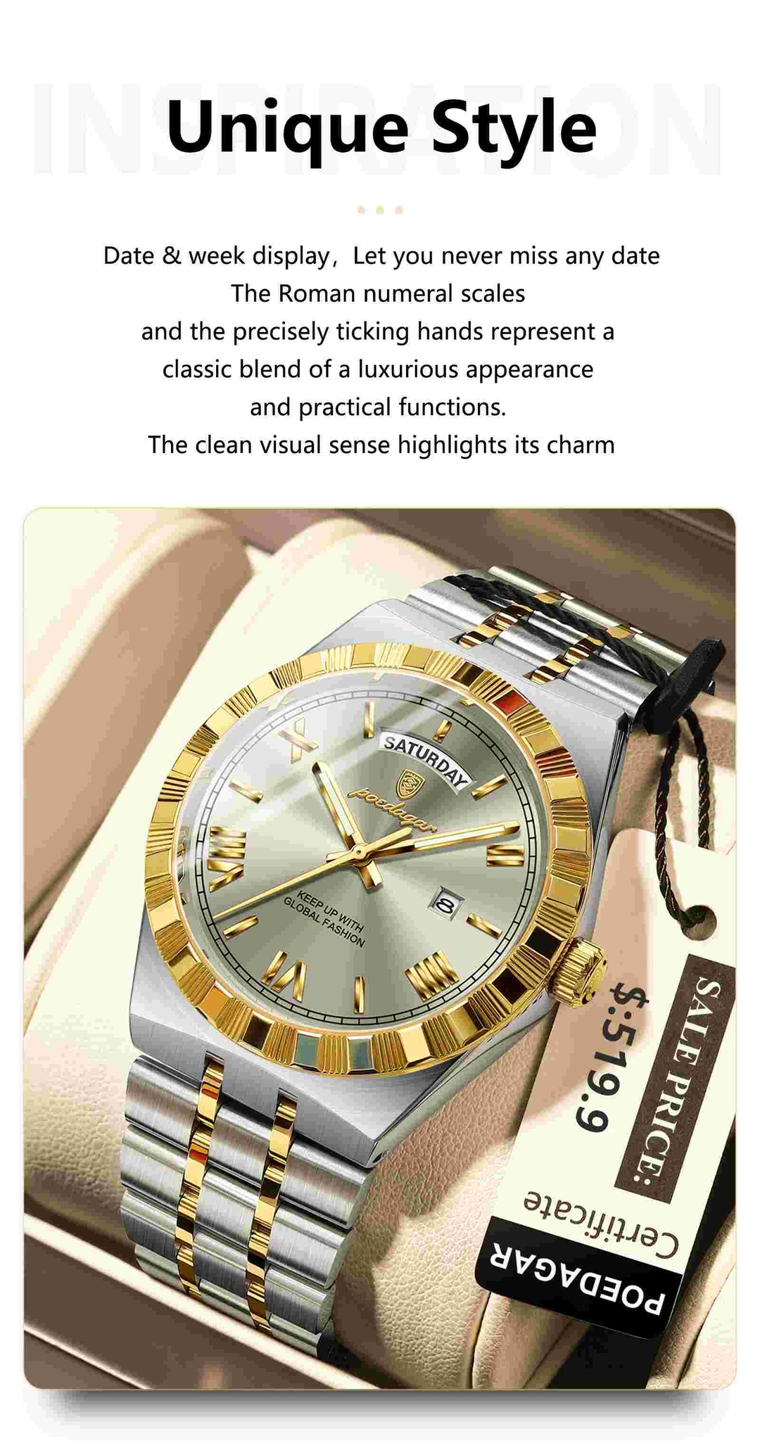 Montre homme POEDAGAR 675 à quartz, en acier inoxydable, de luxe, pour homme, style sport, étanche, avec aiguilles lumineuses et date.