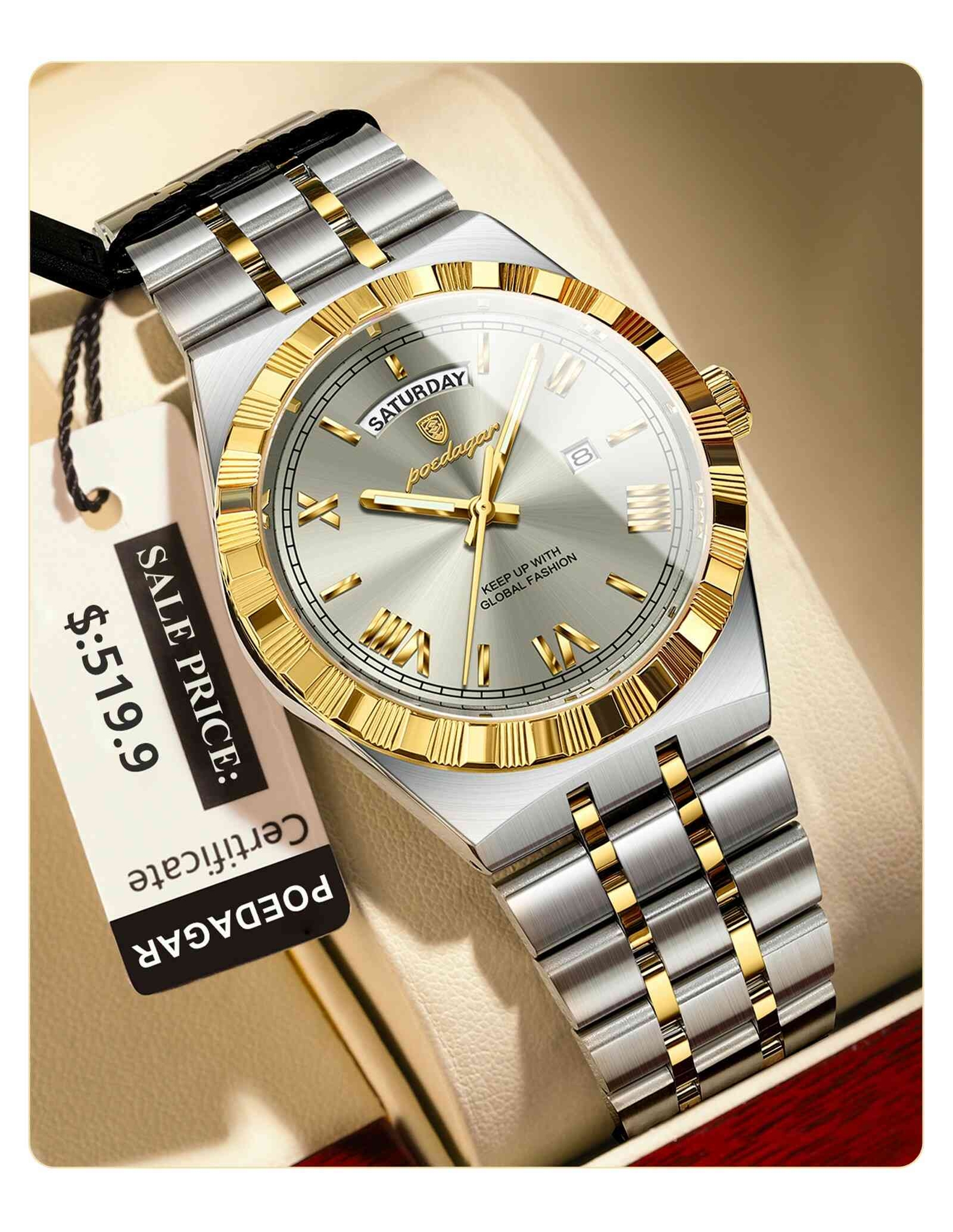 Montre homme POEDAGAR 675 à quartz, en acier inoxydable, de luxe, pour homme, style sport, étanche, avec aiguilles lumineuses et date.