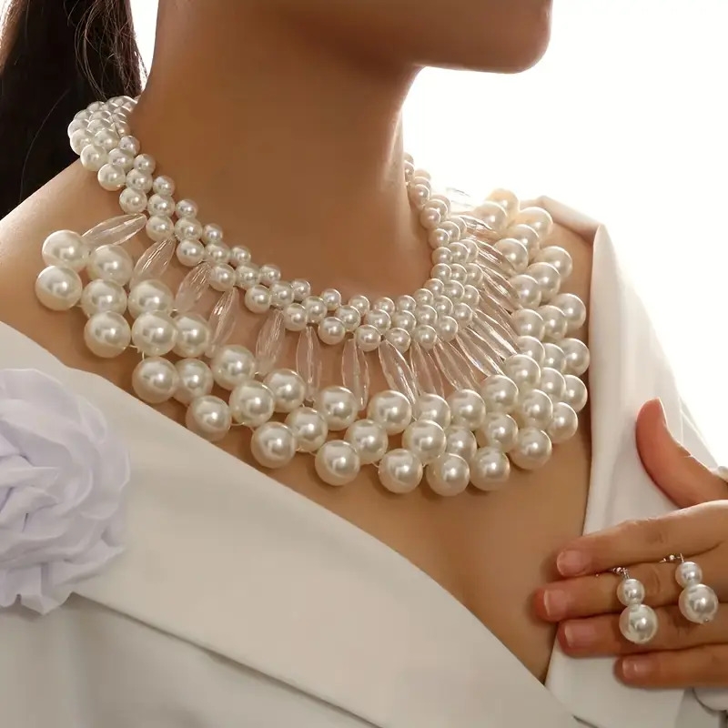 豪华波西米亚人造珍珠流苏项链和耳环套装 - 多层,手工制作新娘首饰,优雅的串珠设计,非常适合婚礼和礼物,四季,婚礼配件 1