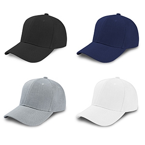 Quatre casquettes de baseball de différentes couleurs : noir, bleu marine, gris clair et blanc, disposées en grille.