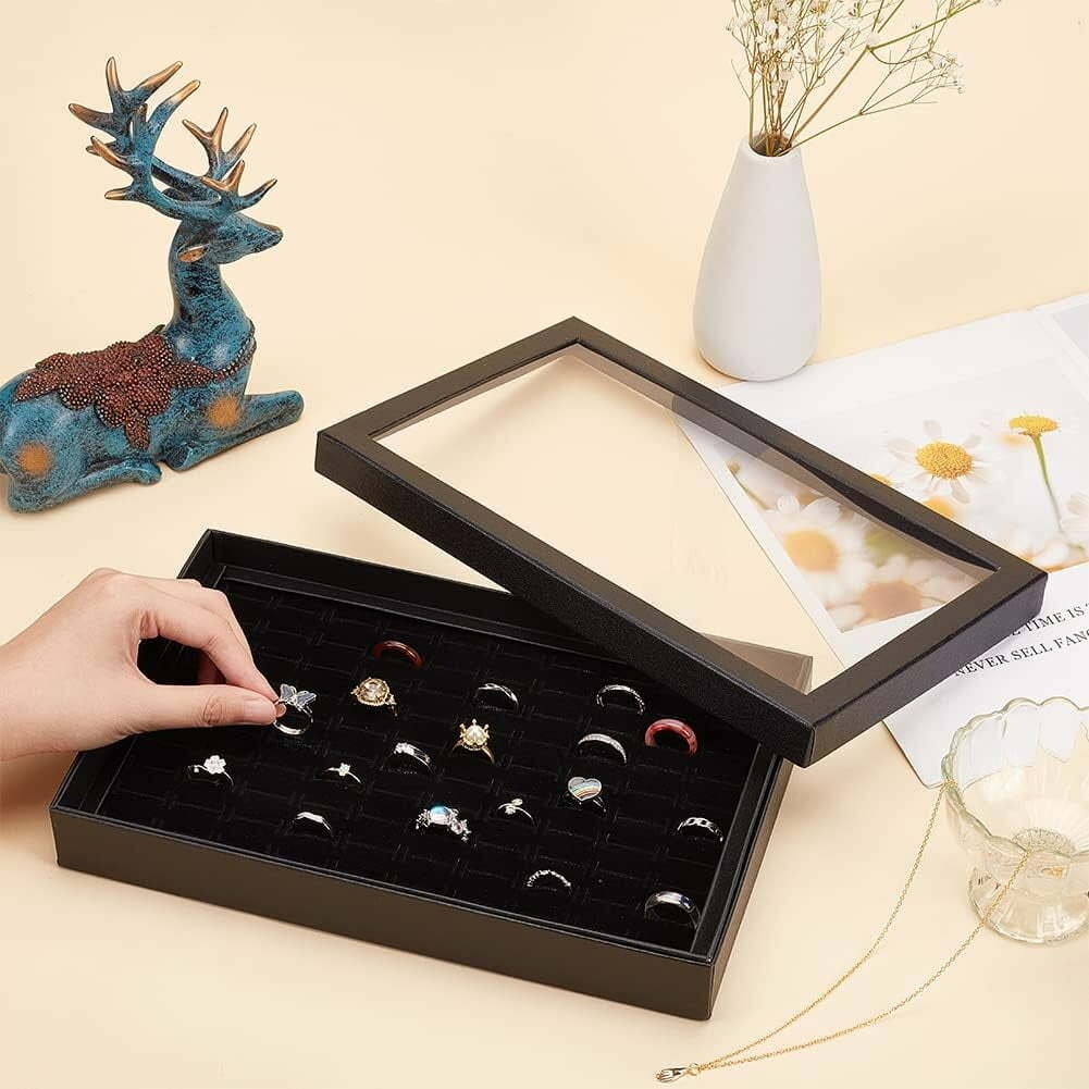 100 Slots Ring Jewelry Tray Velvet Ring Display Showcase Ring Holder Organizer Box with Transparent Lid