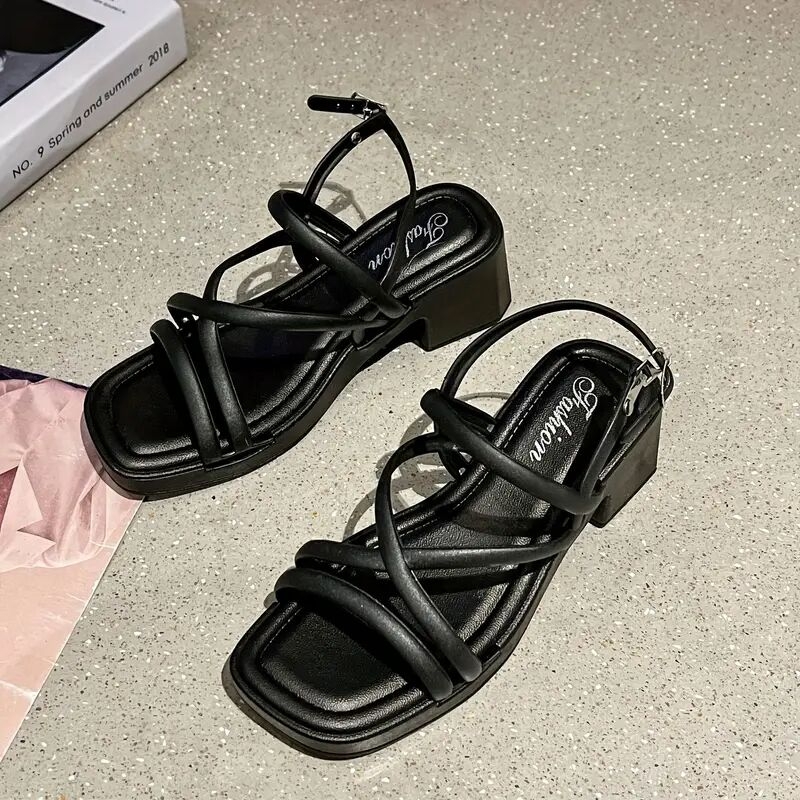 女士纯色优雅凉鞋,踝扣带,交叉正装粗跟鞋,舒适假日鞋 详情 3