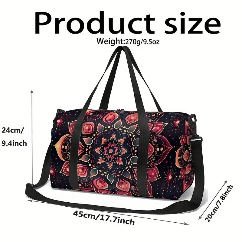 充满活力的波西米亚曼陀罗印花行李袋 - 女士旅行和瑜珈包，带肩带，聚酯材质，混合颜色（紫色、蓝色、粉红色、橙色、青色）- 非常适合健身房、运动或周末度假，旅行行李袋|艺术行李配件 |耐用的旅行装备、旅行包 4