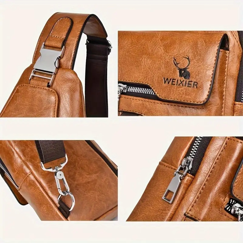 1 件男士新款 PU 皮革复古休闲简约胸包，斜挎大容量多隔层防水高级男士斜挎包，用于携带。 详情 6