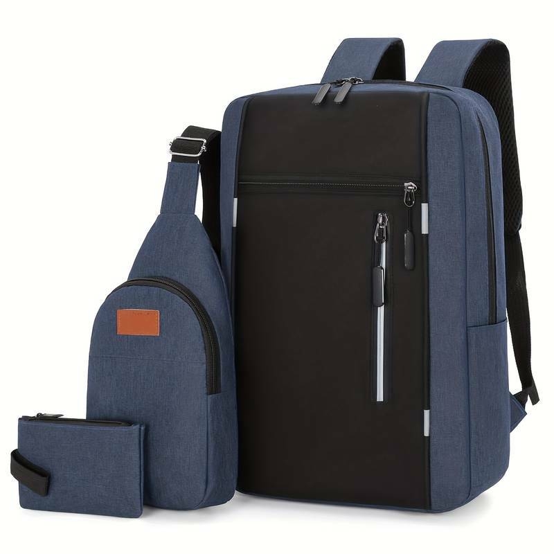 3pcs/set Großer Kapazitätsrucksack, Preppy College Schule Business Daypack, Outdoor-Sport-Reise-Brusttasche & Geldbörse Details 1