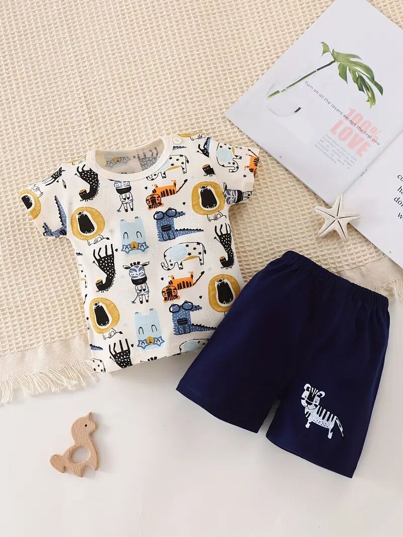 夏季婴儿服套装可爱动物印花t恤+短裤，休闲户外宝宝2件套装 0