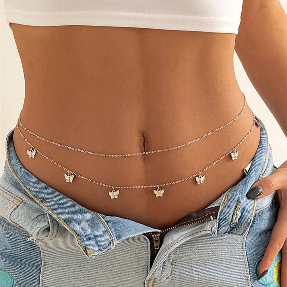 2pcs Mini Butterfly Pendant Waist Chain Elegant Waist Belly Chain Jewelry Body Chain N2112345