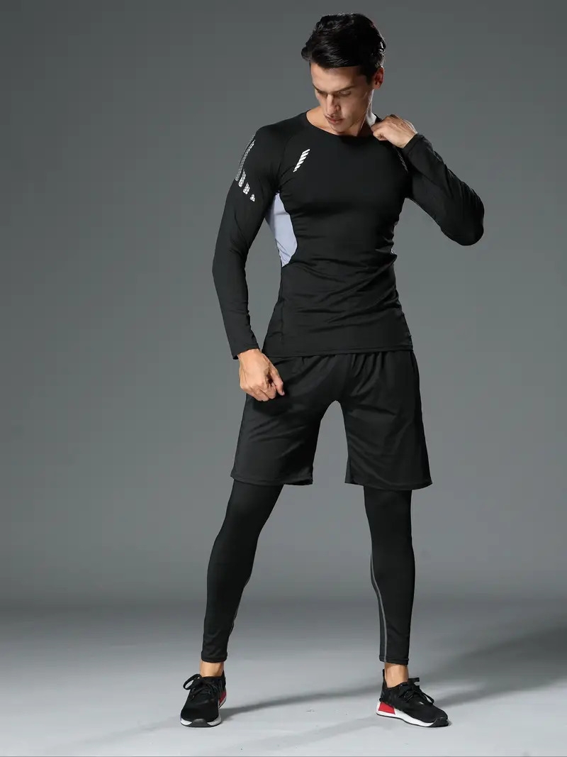 男士3件套运动装:速干弹力跑步与健身套装 - 春秋季训练用长袖上衣、短裤与紧身裤 详情 5