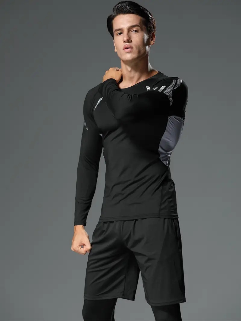 男士3件套运动装:速干弹力跑步与健身套装 - 春秋季训练用长袖上衣、短裤与紧身裤 详情 2