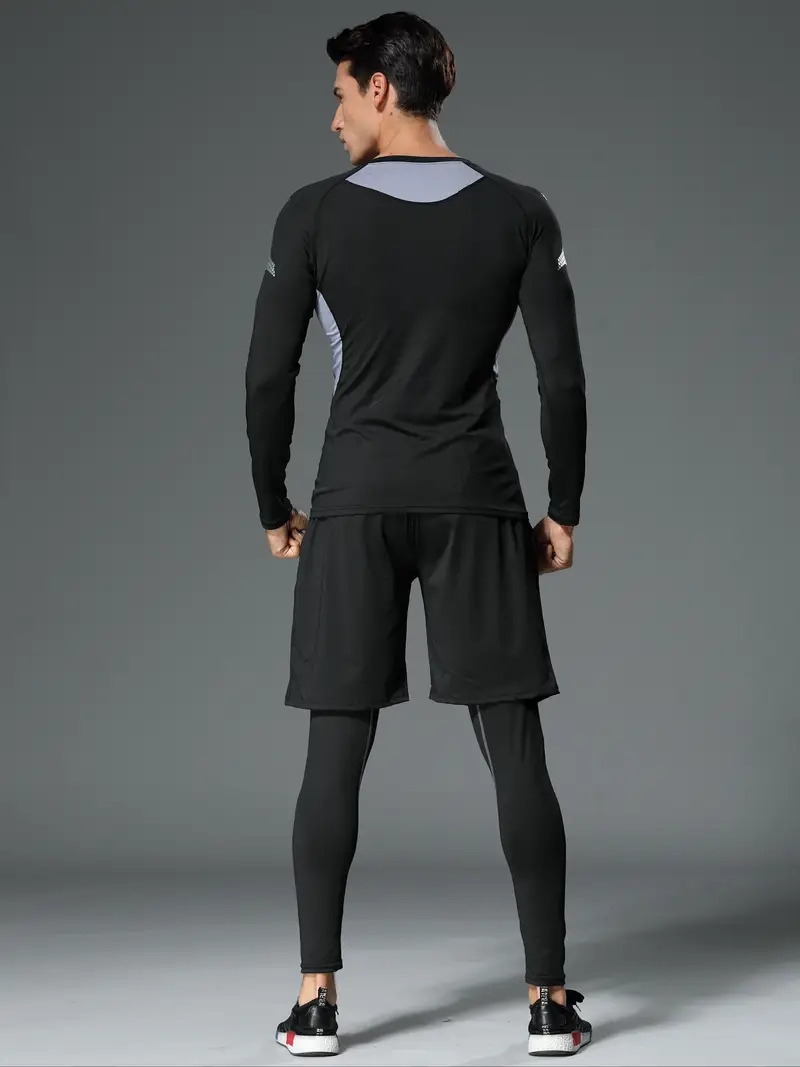 男士3件套运动装:速干弹力跑步与健身套装 - 春秋季训练用长袖上衣、短裤与紧身裤 详情 7