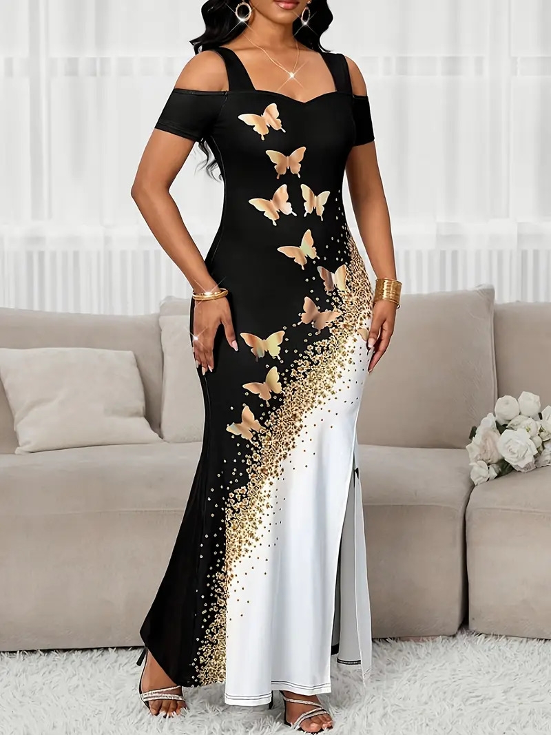 女士优雅撞色蝴蝶印花露肩开叉连衣裙 3