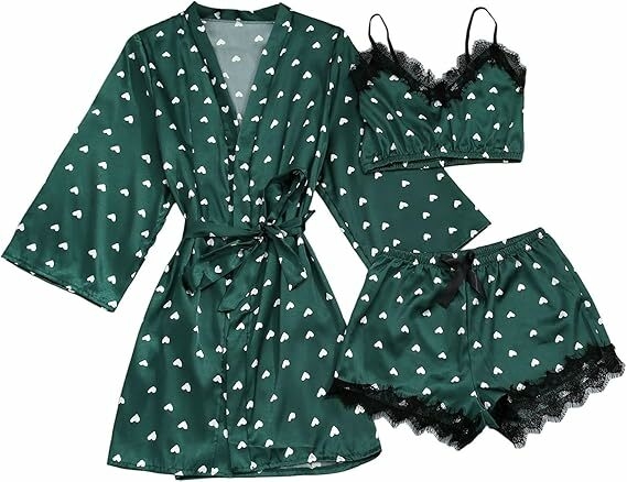 Generisch Women's Pyjama Set Silk Satin 3 Pieces Lingerie Floral Lace Sleepwear with Robe Ladies Pyjamas Soft Elegant