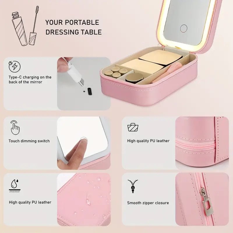 makeup bag with mirror of led lighted travel makeup case cosmetic bag organizer with mirror and lights make up bag with light up mirror adjustable 3 color rechargeable jewelry box organizer with led makeup mirror for christmas gift details 7