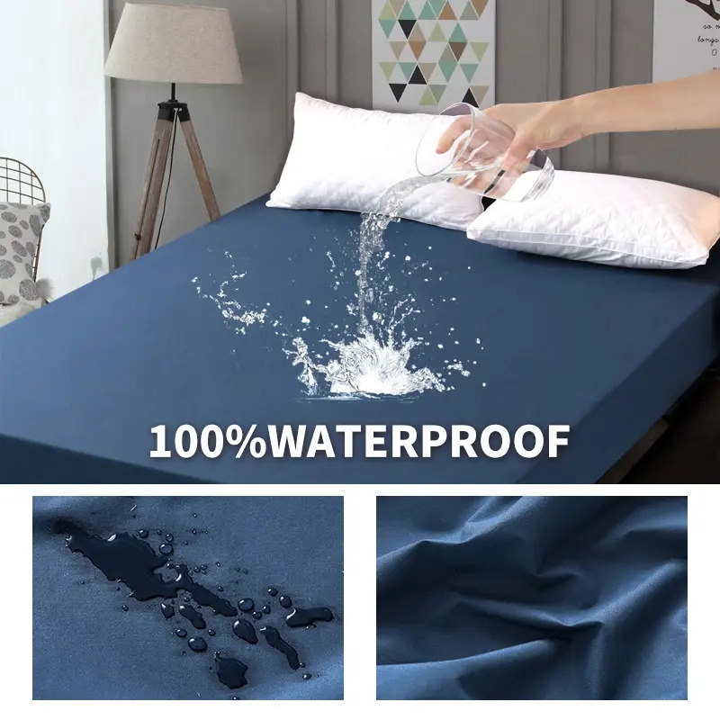 1pc blue waterproof fitted sheet solid color brushed fitted sheet soft bedding details 0