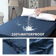 1pc blue waterproof fitted sheet solid color brushed fitted sheet soft bedding details 0