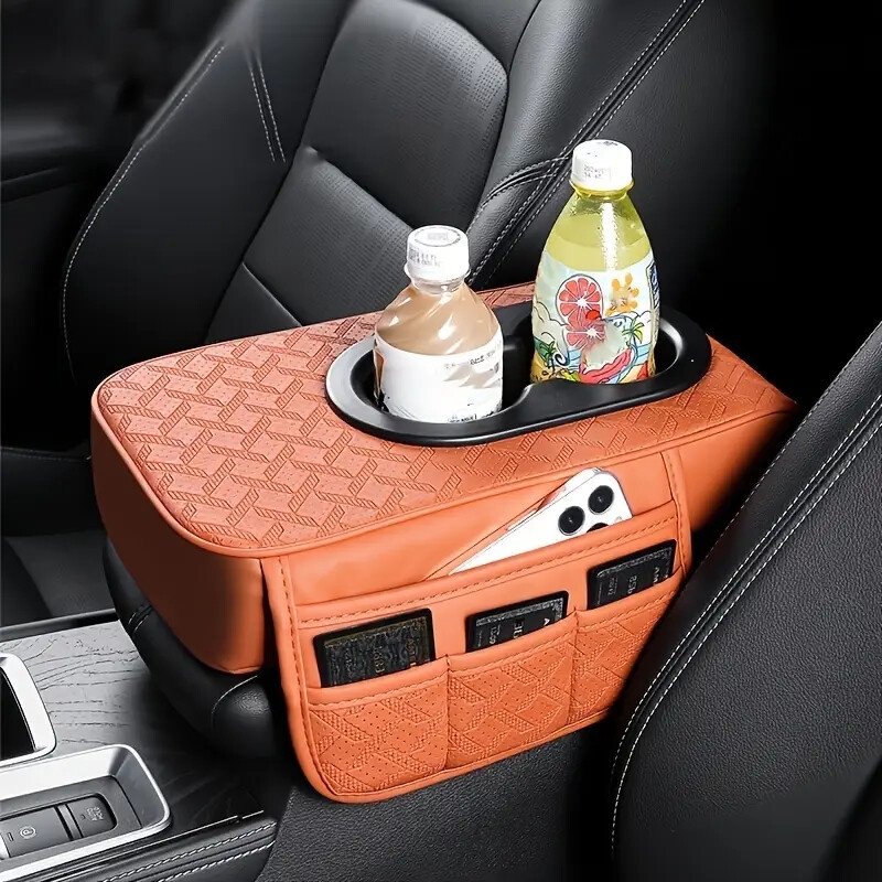 universal car center console organizer   pu leather armrest cover with 2 side pockets 2 cup holders multifunctional storage for phone water bottle cards compatible with most vehicles car accessoriescar accessories for womencar accessori Product details 2