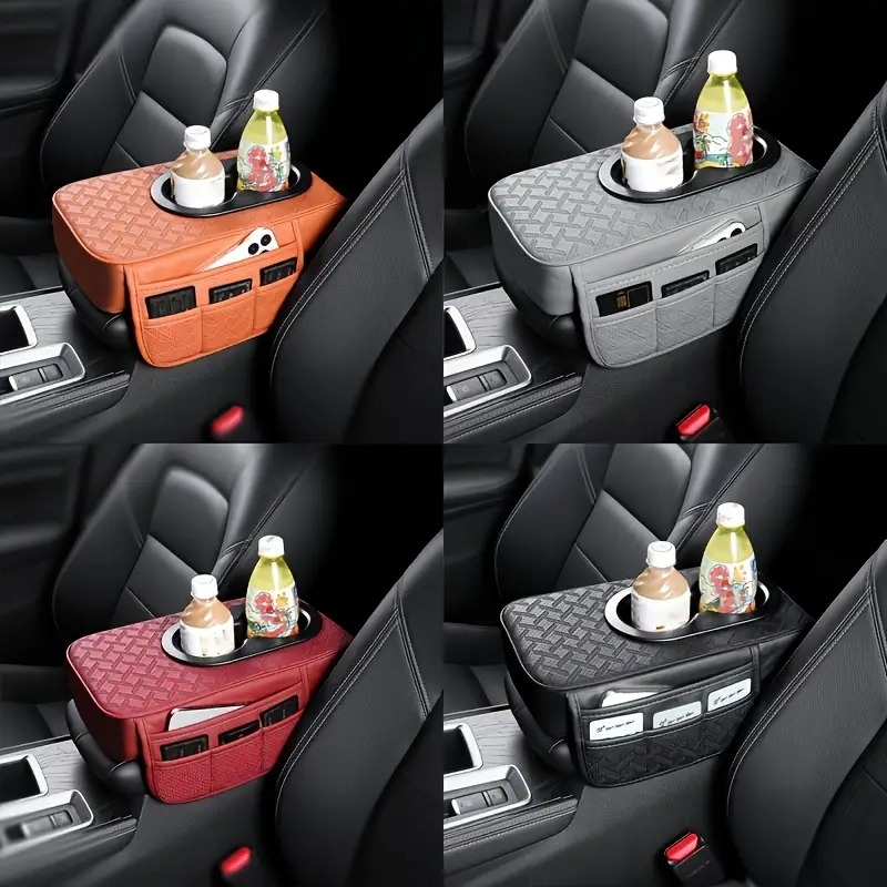 universal car center console organizer   pu leather armrest cover with 2 side pockets 2 cup holders multifunctional storage for phone water bottle cards compatible with most vehicles car accessoriescar accessories for womencar accessori Product details 0